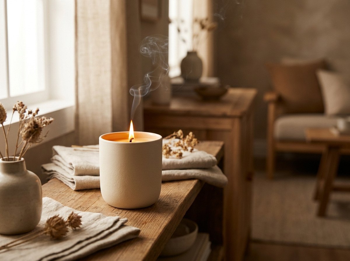 A lit soy candle in a ceramic tumbler on a warm wood shelf