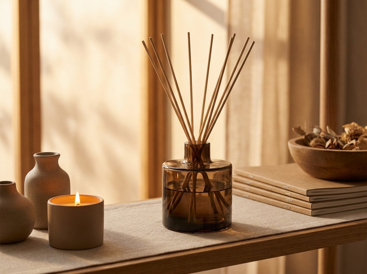 A reed diffuser in smoked amber glass with rattan reeds