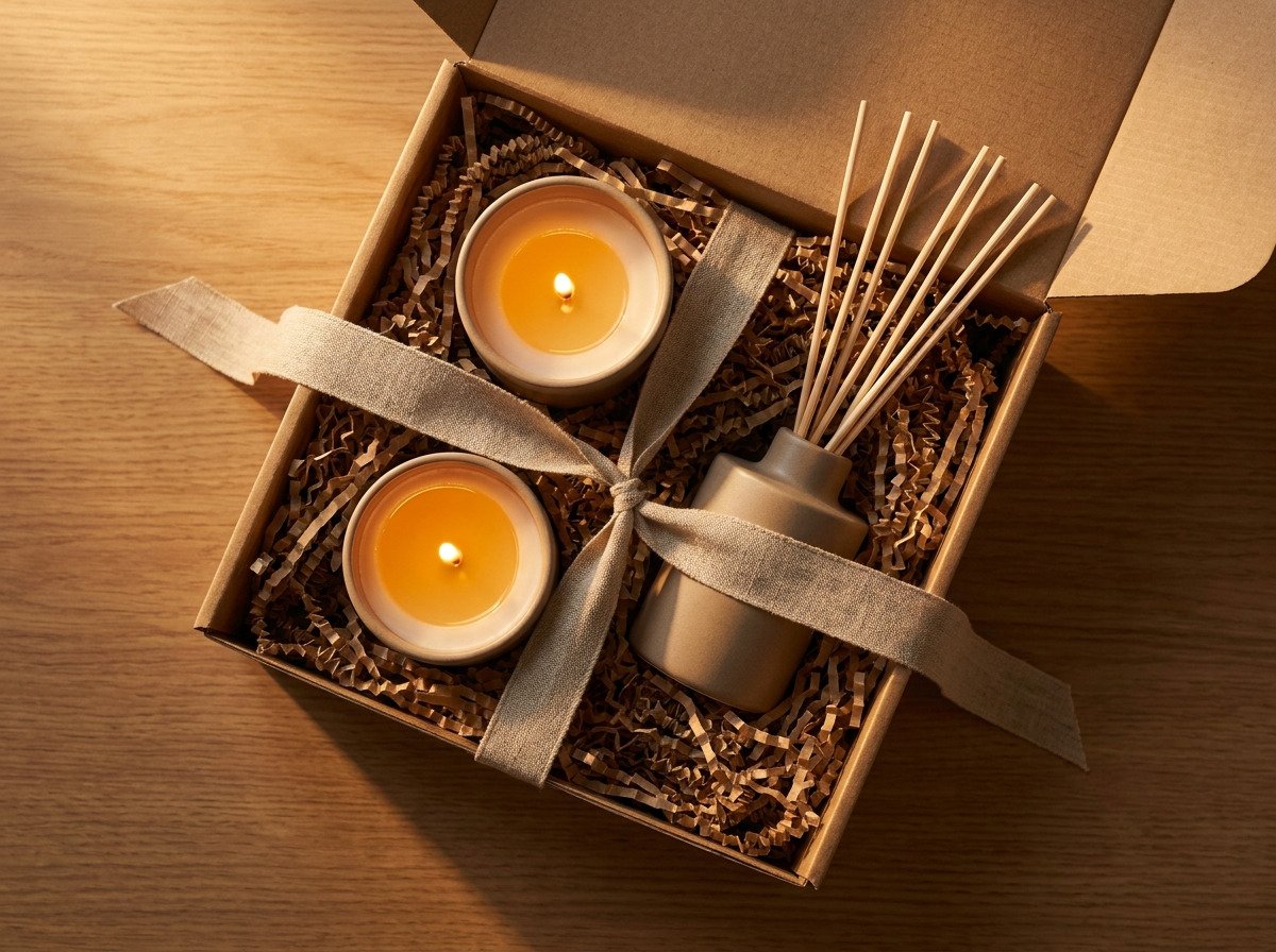 A styled gift box of candles and a diffuser in kraft paper