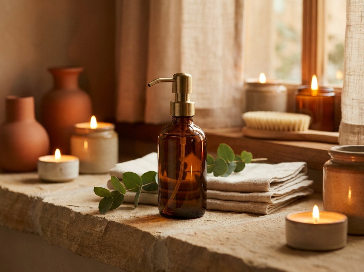 An amber glass room spray bottle on a stone ledge