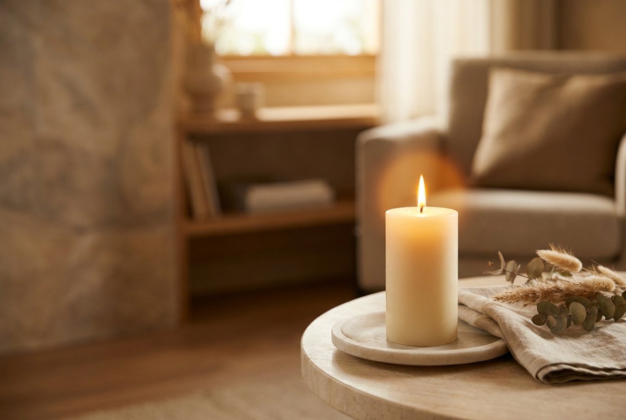 A lit pillar candle glowing on a stone dish in a warm living room at dusk