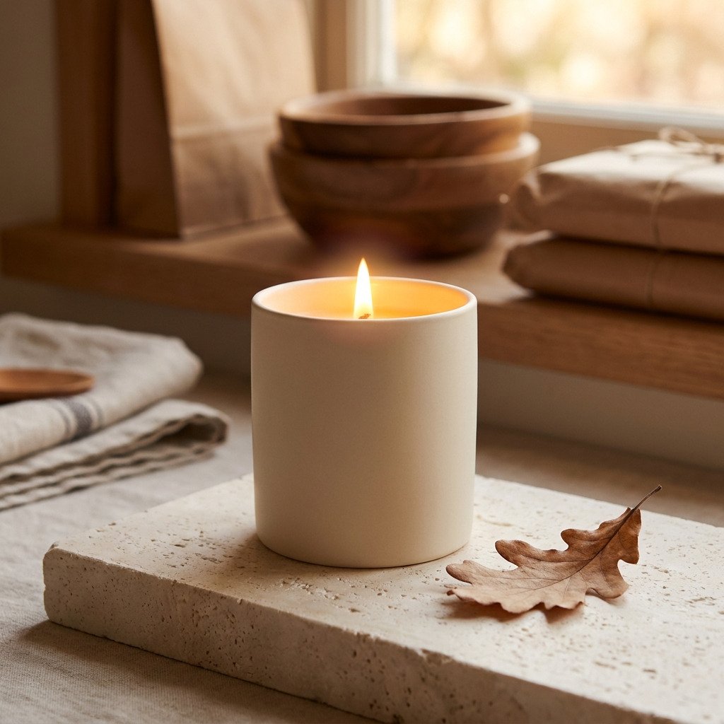 Amber and Oak soy candle lit in a cream ceramic tumbler