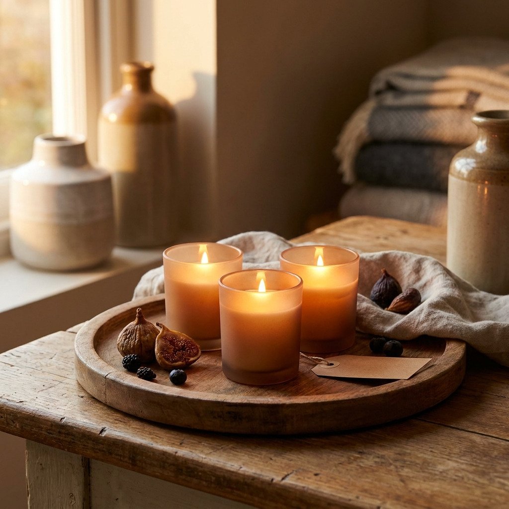 Fig and Cassis votive trio, three lit votives on a wooden tray