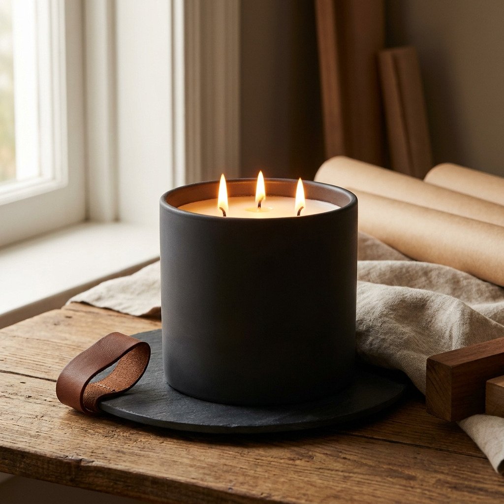 Smoked Oud three-wick pillar candle with three lit flames