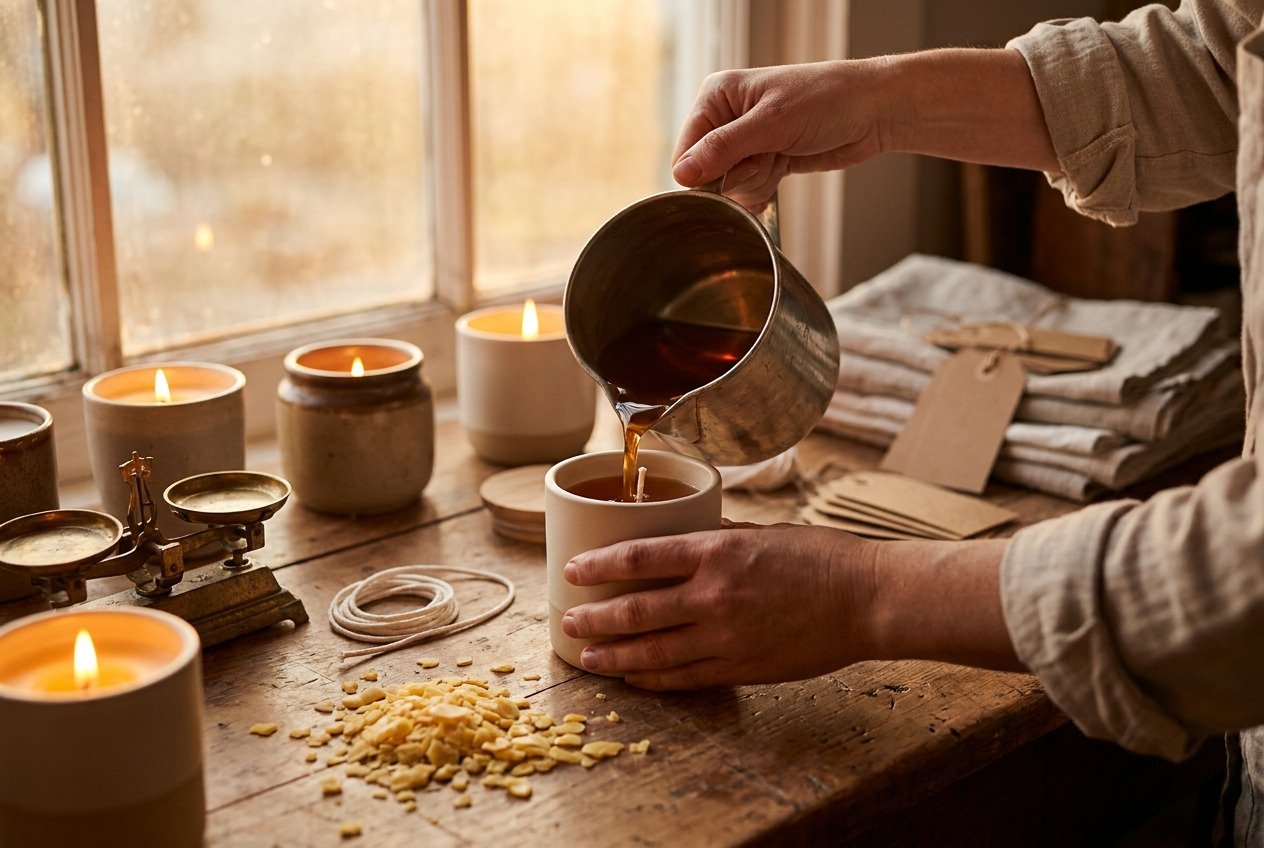 Hands pouring warm melted wax into a ceramic candle vessel on a workbench